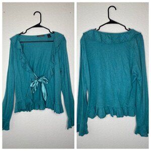 Vintage Liz Claiborne womens XL blue y2k ruffle knit sweater tie ribbon front